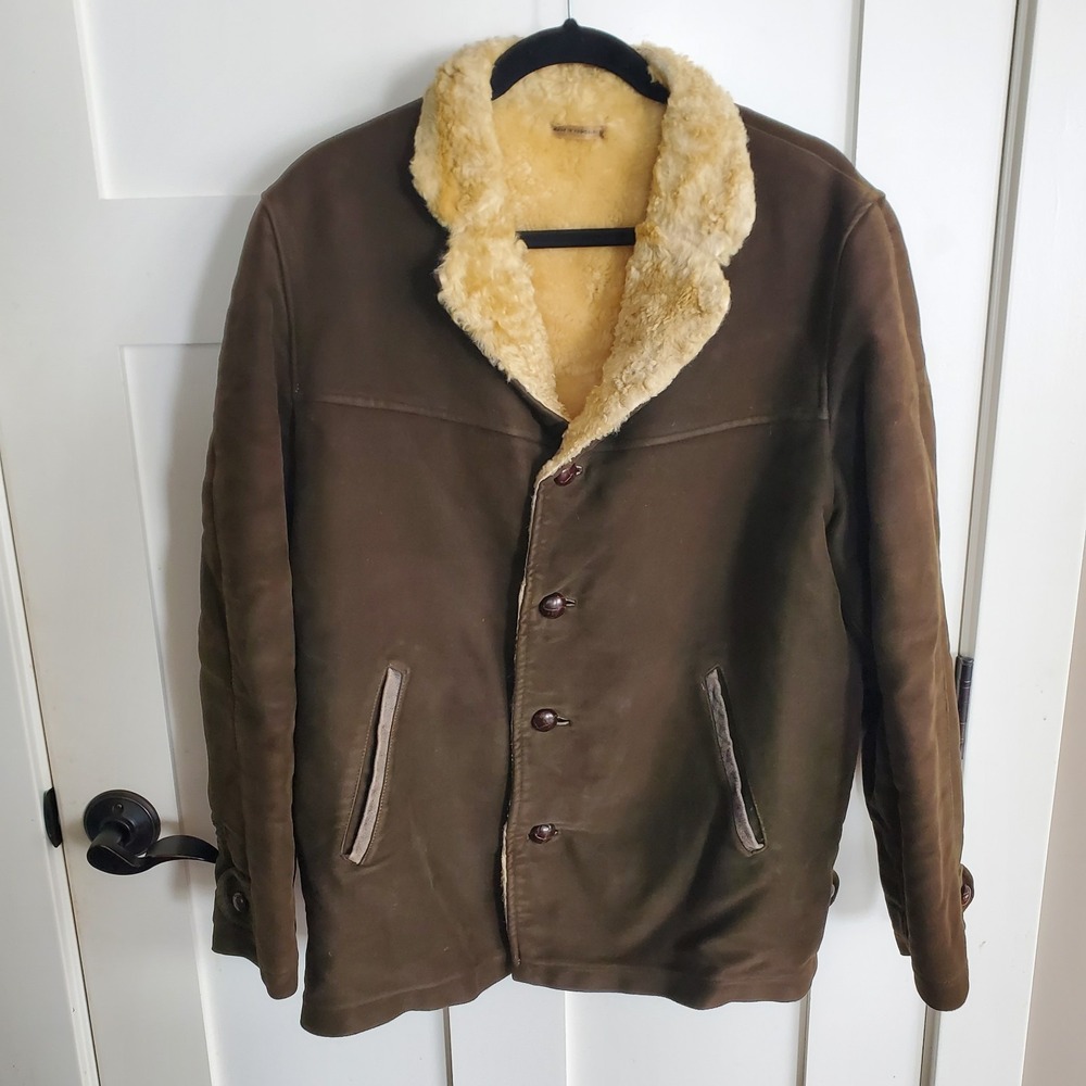 Vtg Shearling Lined Coat Mens M/L 46" Chest Brown Suede Rancher Jacket Marlboro